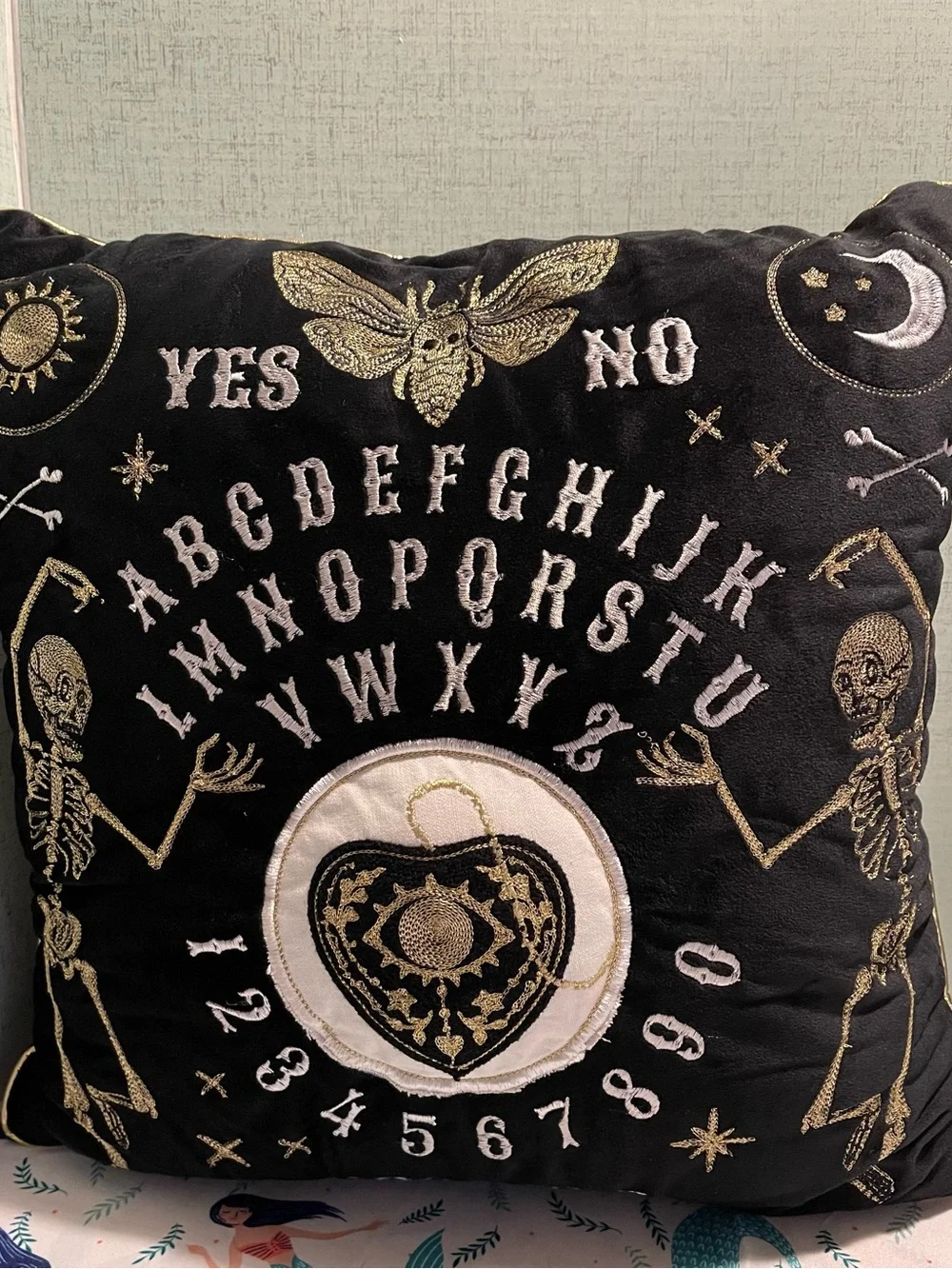 Ouija Planchette Embroidered Velvet Pillow - Black and Gold with Skeletons